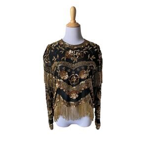 VTG Black Tie By He-Ro Industries Gold Sequin Beaded Black 100% Silk Fringe Top